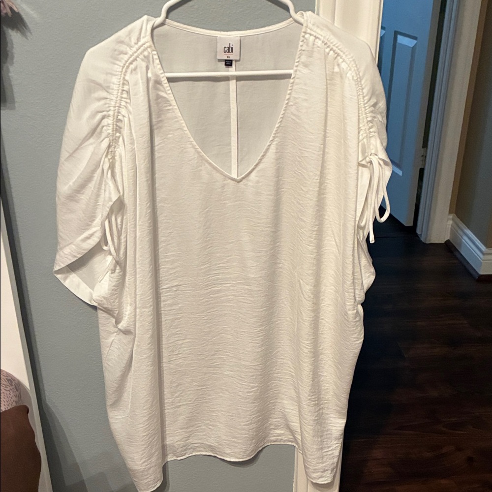 CAbi White Blouse with Ruched Sleeves